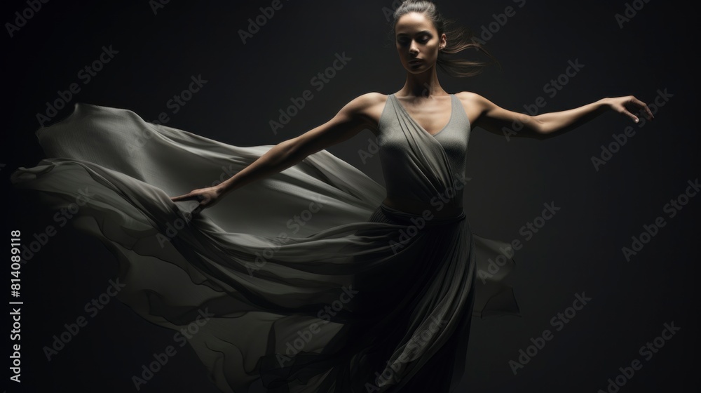 A woman standing gracefully in a flowing dress. The woman exudes elegance and sophistication as she poses for the camera. A woman standing gracefully in a flowing dress. The woman exudes elegance and sophistication as she poses for the camera.