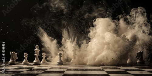 Chess board with pieces in motion, one piece breaking into small particles of dust and smoke.