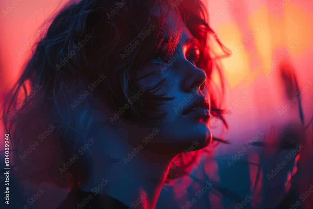Φωτογραφία AI generated illustration of a woman gazes into the distance with closed eyes
