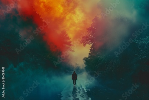 AI generated illustration of a man standing on road with sky reflection in water