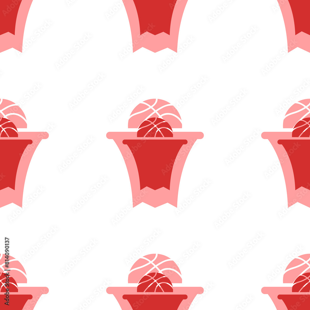 Seamless pattern of large isolated red basketball symbols. The elements are evenly spaced. Illustration on light red background