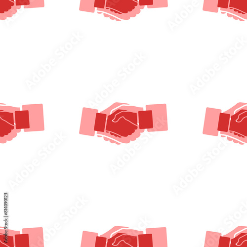 Seamless pattern of large isolated red handshake symbols. The elements are evenly spaced. Illustration on light red background