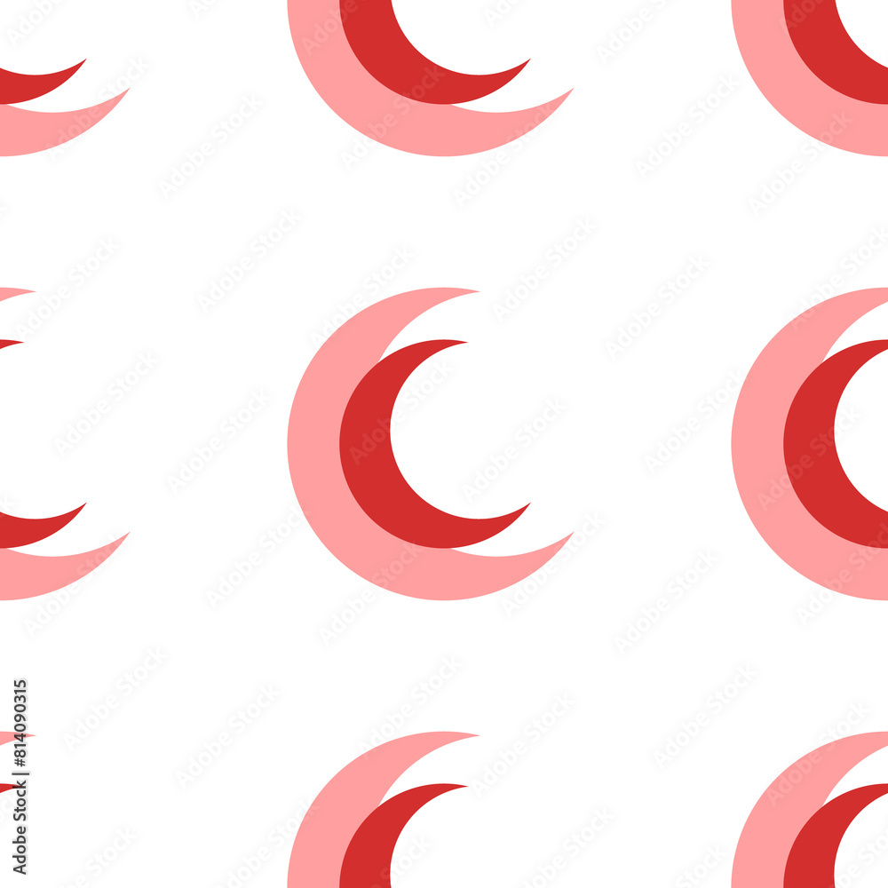 Seamless pattern of large isolated red moon symbols. The elements are evenly spaced. Illustration on light red background