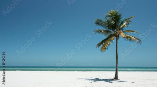 A palm tree stands on the sandy beach near the vast ocean  under a clear blue sky with fluffy clouds  adding to the beautiful coastal natural landscape AIG50