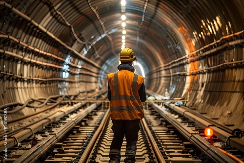 Tunnel worker during construction of a railway tunnel underground