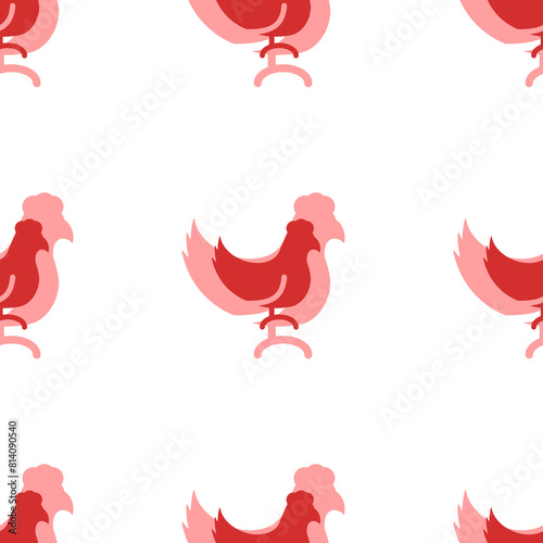 Seamless pattern of large isolated red chicken symbols. The elements are evenly spaced. Illustration on light red background
