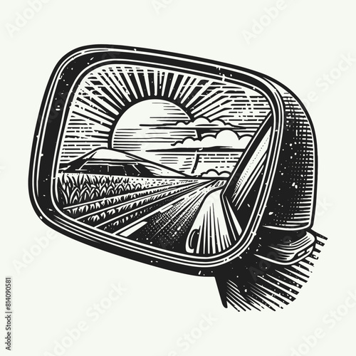 landscape in a reflection of car’s side-view mirror illustration
