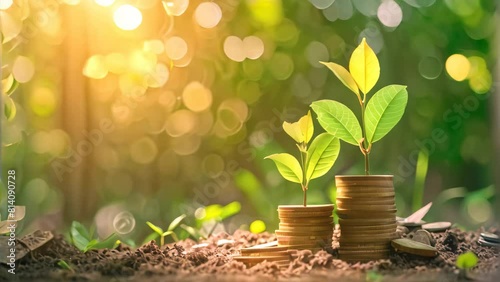 A visual representation of growth and prosperity, featuring a stack of coins with a vibrant plant sprouting from the top, Growth of a money tree symbolising escalating cost photo