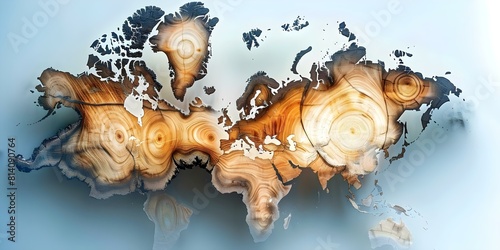 World Map with Tree Ring Cross-Sections Showing Annual Growth Over the Years. Concept Botany, Cartography, Environmental Science, Tree Growth Analysis, Geographic Information Systems photo