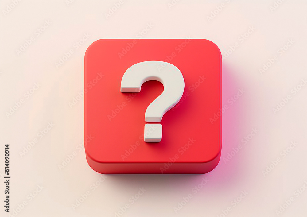 3D icon of a red square with a question mark on a white background, made of white matte plastic material with a matte surface 3D icon of a red square with a question mark on a white background, made of white matte plastic material with a matte surface