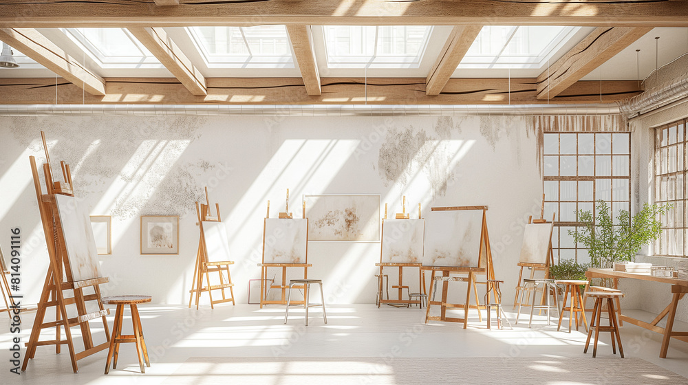 Bright, Modern Art Studio with Wooden Beams and Easels