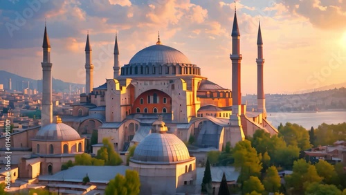 A grand structure towering above, featuring a multitude of spires, creating an awe-inspiring sight, Historic city of Istanbul with the majestic Hagia Sophia during golden hour photo