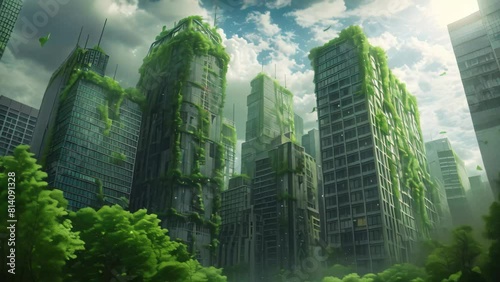 Tall Buildings Surrounded by Trees, Post-apocalyptic cityscape taken over by nature, with ivy-covered skyscrapers photo
