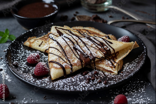 fresh crepes with chocolate, Couple Of homemade Crepes With Chocolate And Chocolate Sauce
