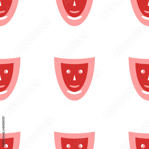 Seamless pattern of large isolated red theatrical masks. The elements are evenly spaced. Illustration on light red background