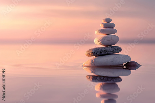 Zen stones balance pyramid in sea water, sunset ocean seascape,, peace and harmony. Photorealistic background illustration