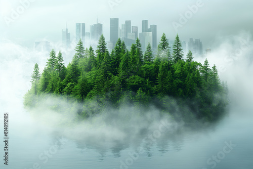 Mysterious foggy forest with emerging cityscape