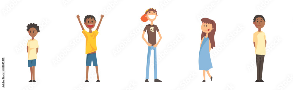 Happy Boy and Girl Son and Daughter Family Member Standing and Smiling Vector Set Happy Boy and Girl Son and Daughter Family Member Standing and Smiling Vector Set