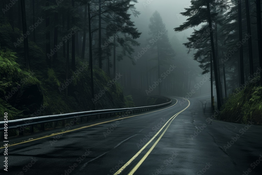 Naklejka premium Tranquil and mysterious journey through the misty forest road, surrounded by winding trees and lush greenery in the foggy morning landscape