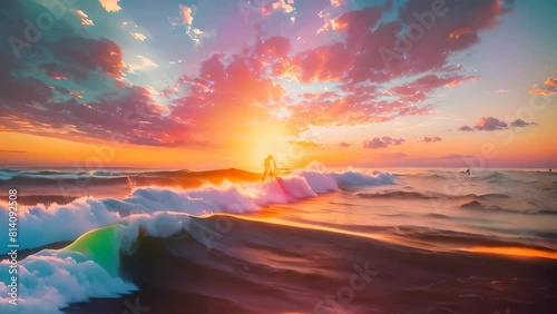 A man skillfully rides a surfboard on the crest of a massive ocean wave, Vibrant, multicolored sunset over the ocean with a surfer riding towards shore photo
