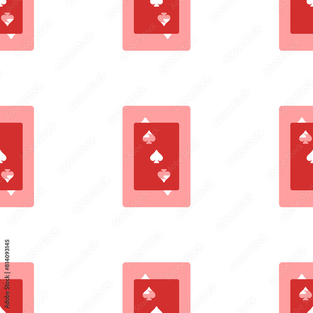 Seamless pattern of large isolated red Three of Spades playing cards. The elements are evenly spaced. Illustration on light red background