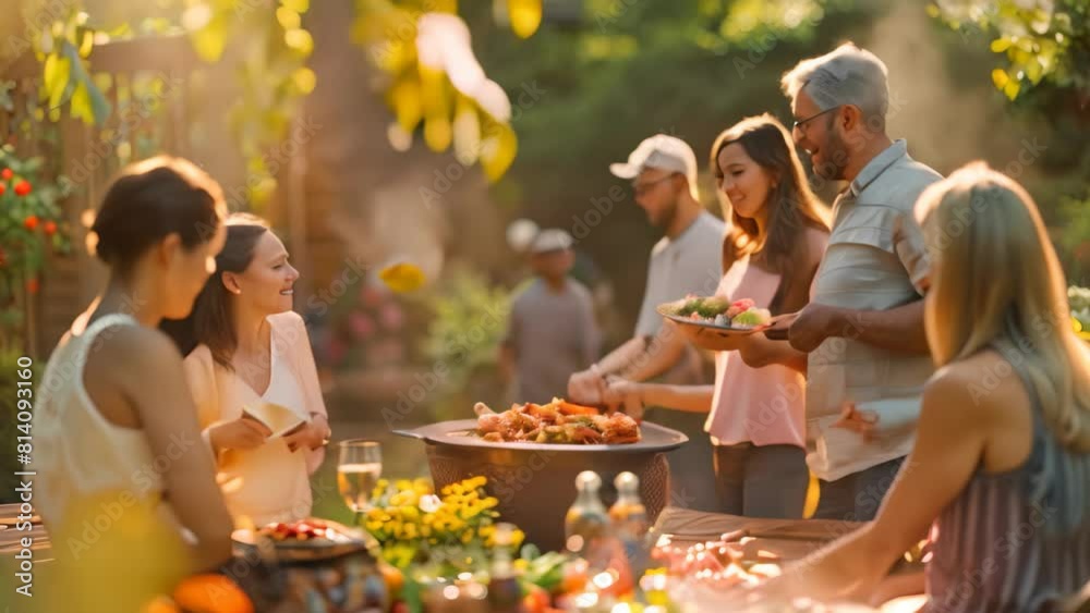 Family members enjoy a backyard barbecue, sitting around a table filled with food and laughing, A backyard barbecue with family members laughing and enjoying each other's company