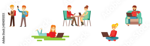 People Character Using Device and Gadget Vector Set