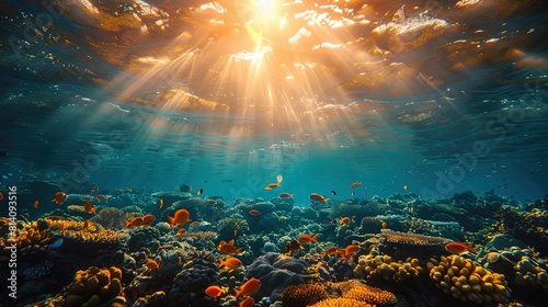 A beautiful underwater scene with a lot of fish and coral
