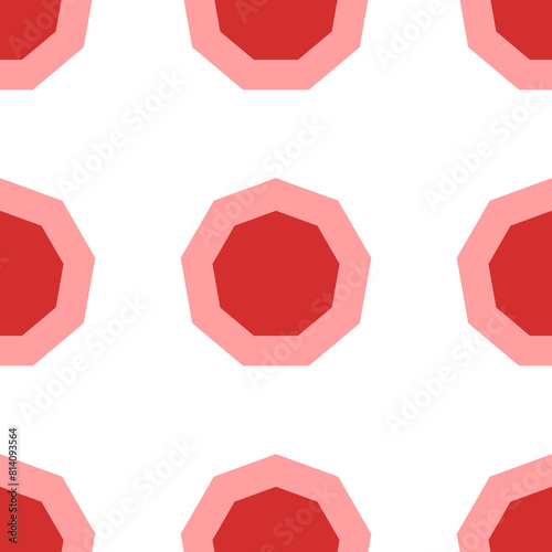 Seamless pattern of large isolated red nonagon symbols. The elements are evenly spaced. Illustration on light red background