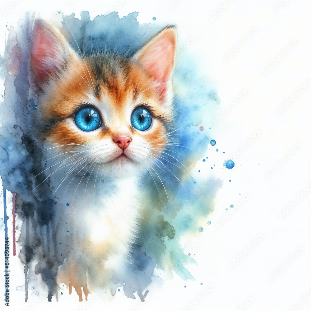 Watercolor cat with blue eyes