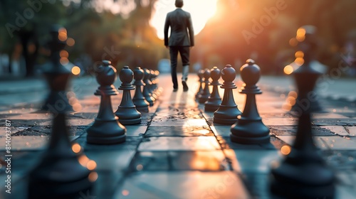 surreal departure: man in suit descending from a chessboard at sunset