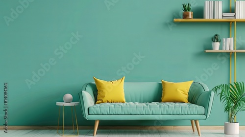 Cute mint loveseat sofa with yellow pillow against green wall with bookcase.  photo