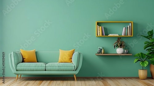 Cute mint loveseat sofa with yellow pillow against green wall with bookcase.  photo