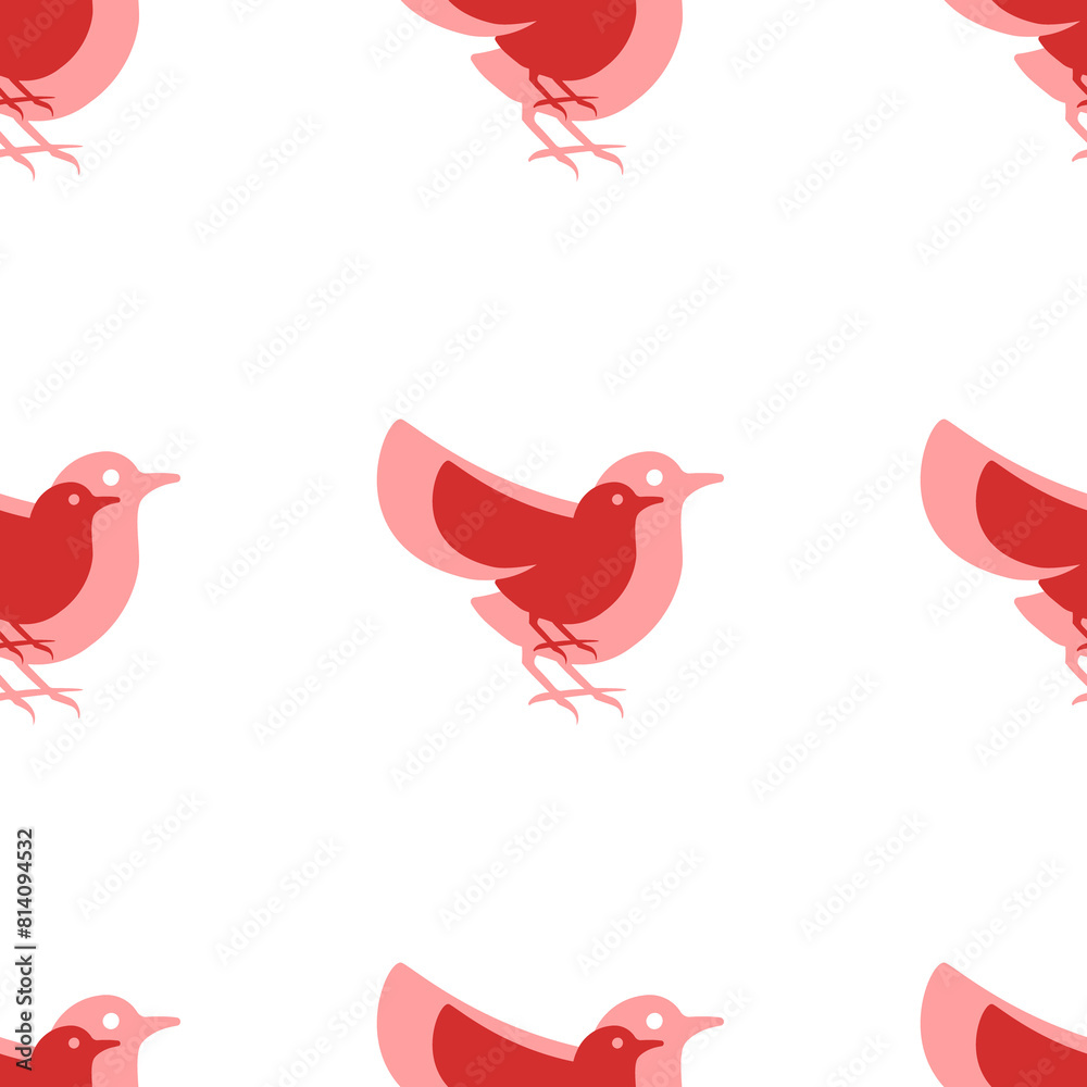 Seamless pattern of large isolated red bird symbols. The elements are evenly spaced. Illustration on light red background