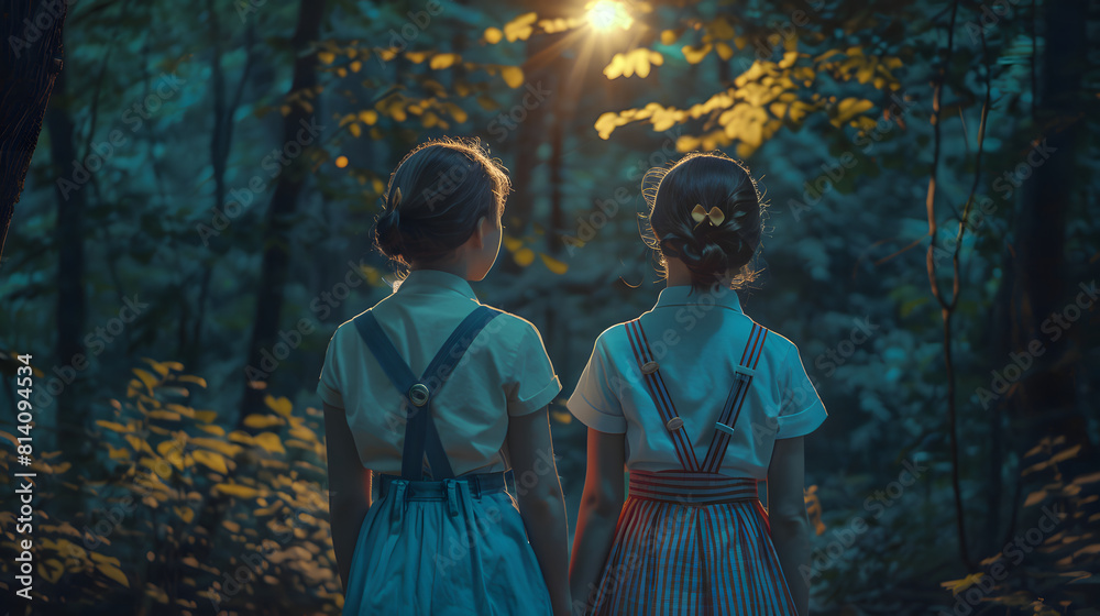 Fototapeta premium Two little girls in the forest.
