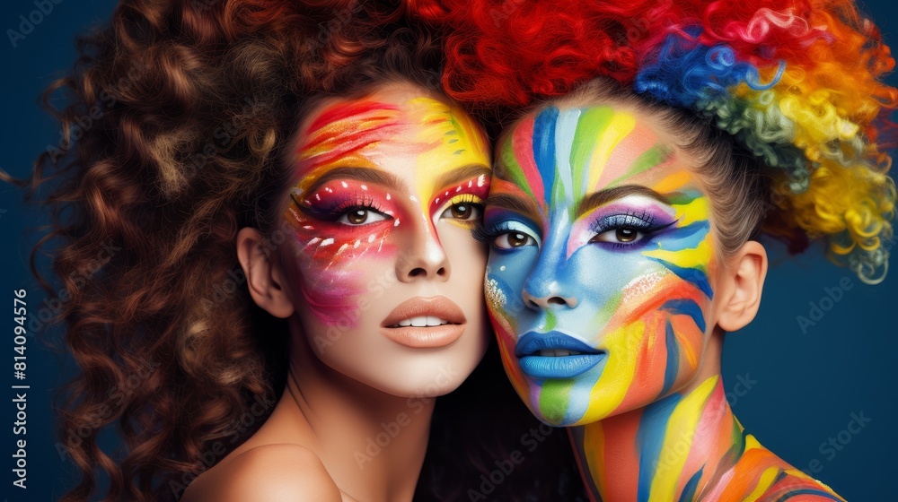 Two cute young women with painted faces and colorful haircuts and makeup on a dark background	
