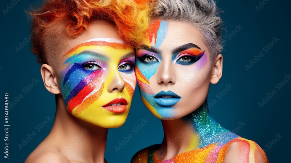 Fototapeta premium Two cute young women with painted faces and colorful haircuts and makeup on a dark background 