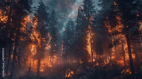 Forest fire with trees on fire. 