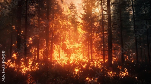 Forest fire with trees on fire. 