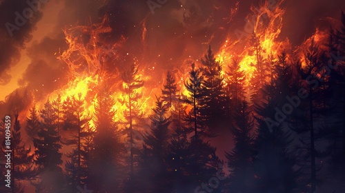 Forest fire with trees on fire. 