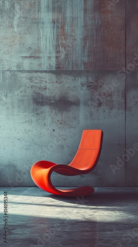Modern red chair against textured concrete wall