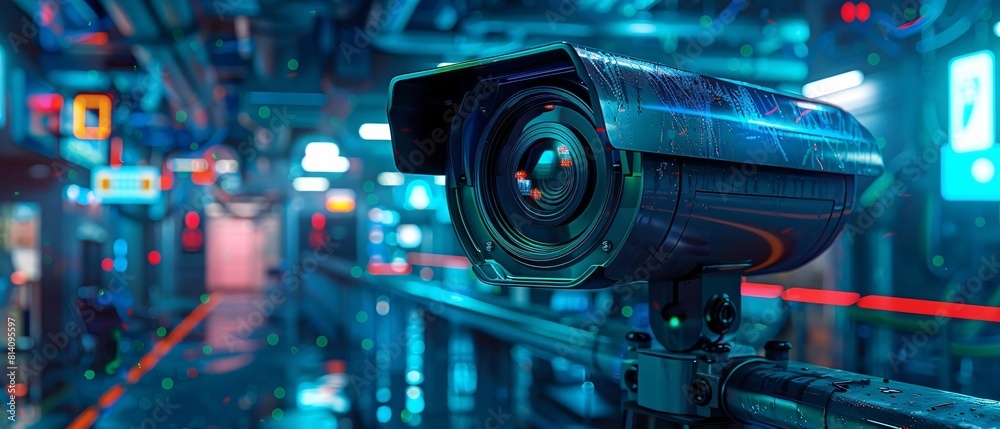 Fototapeta premium High-Tech Surveillance Room with CCTV Camera, Neon Lights, and Holographic Displays in Futuristic Concept Art Style