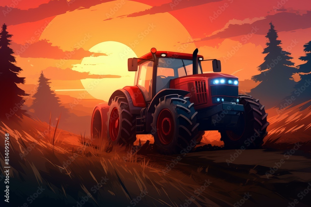 Obraz premium Rustic Tractor sunset art. Plow seed. Generate Ai