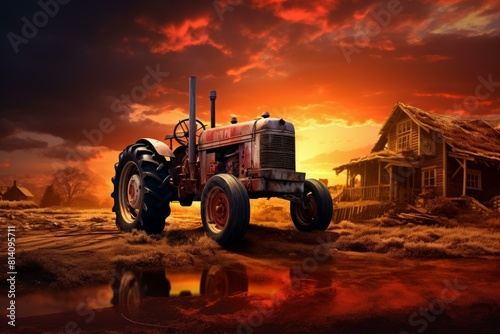 Rustic Tractor sunset. Farmland crop work. Generate Ai