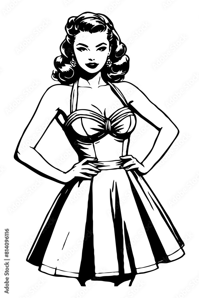 Black and white illustration. Fictional female character in the Pin Up style. Generated by Ai