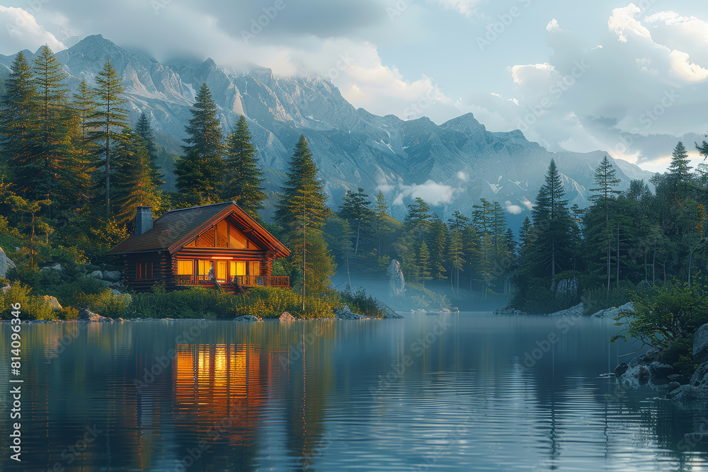Fototapeta premium A tranquil lakeside retreat surrounded by towering pine trees, offering a serene escape from the hustle and bustle of city life. Concept of nature appreciation and relaxation. Generative Ai.