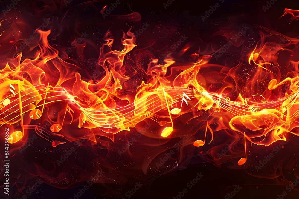 Fototapeta premium Fiery and burning sheet music with notes and treble clef on a black background.