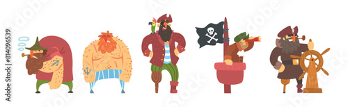 Pirate Man Character as Sea Robber Vector Set