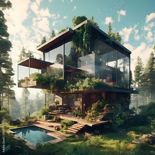 AI generated illustration of a house perched atop a hill, artistically rendered photo