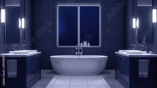 White and dark blue bathroom interior with tub and double sink realistic